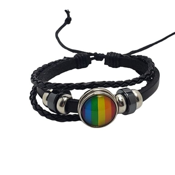 Pride Layered Rainbow Feature Black with Metal Beads Bracelet - Picture 1 of 3